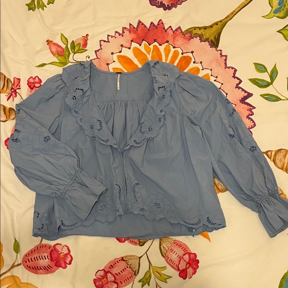 Free People Light Blue Maisie Cutwork Top